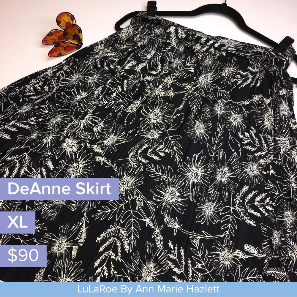 NWT LuLaRoe DeAnne Skirt XL Extra Large Black and white floral print